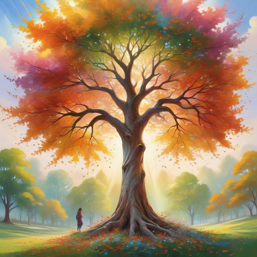 A dynamic landscape depicting a vibrant tree with colorful leaves transforming from autumn to spring, symbolizing change and growth. Surrounding the tree, diverse people of different ages and backgrounds are engaged in activities representing innovation and adaptation. Ethereal light illuminating the scene enhances the sense of hope and progress. A gentle breeze carries petals through the air, representing the beauty of transformation. digital painting. vibrant colors. soft light.