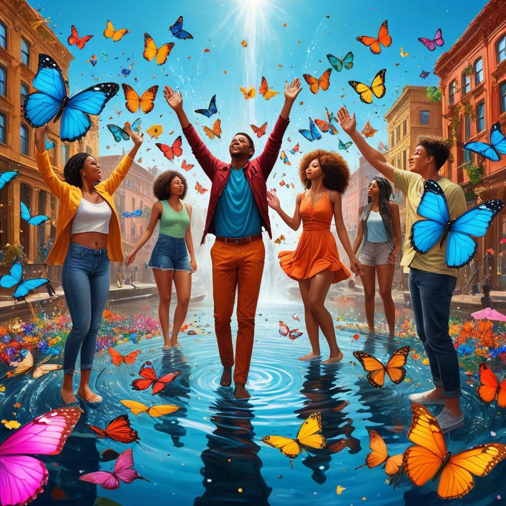 A vibrant scene depicting a diverse group of individuals, each showcasing their unique transformations, surrounded by symbolic elements like butterflies, gears, and flowing water representing change. The background is a blend of natural landscapes and urban settings, illustrating the harmony of diversity. Bright colors and dynamic poses convey energy and positivity. super-realistic. vibrant colors. 3D.